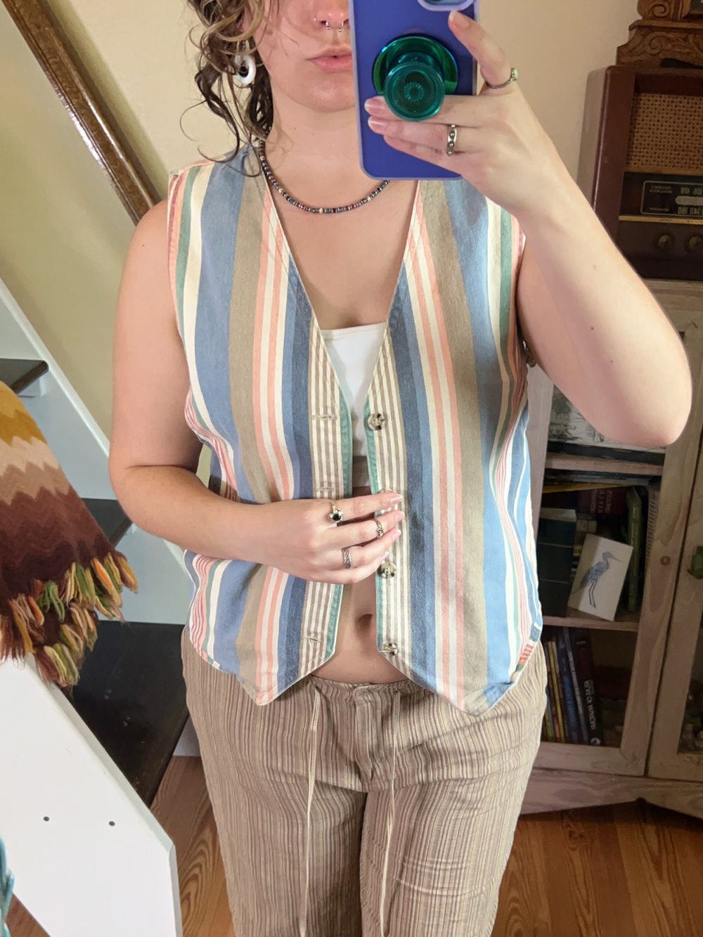 Vintage 80s Pastel Striped Button up Vest Cotton Retro Cottagecore Indie
